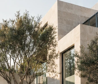 Illustrative modern stone architecture framed by an olive tree.